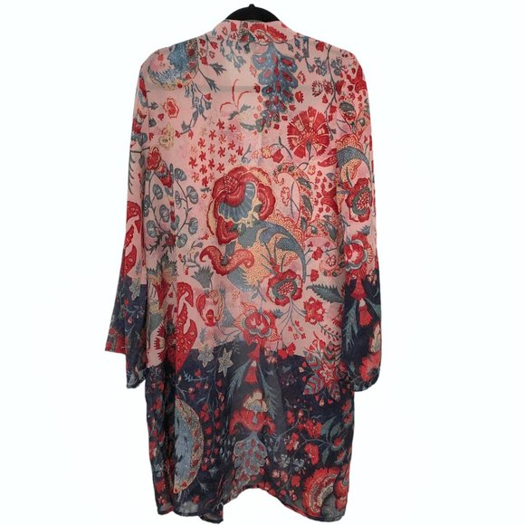 Jorja Red Blue Floral Open Front Long Sleeve Sheer Kimono XL - Picture 2 of 6